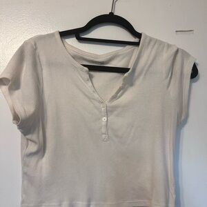 Button-Front Ribbed Women's Top in Cream - Casual Short Sleeve